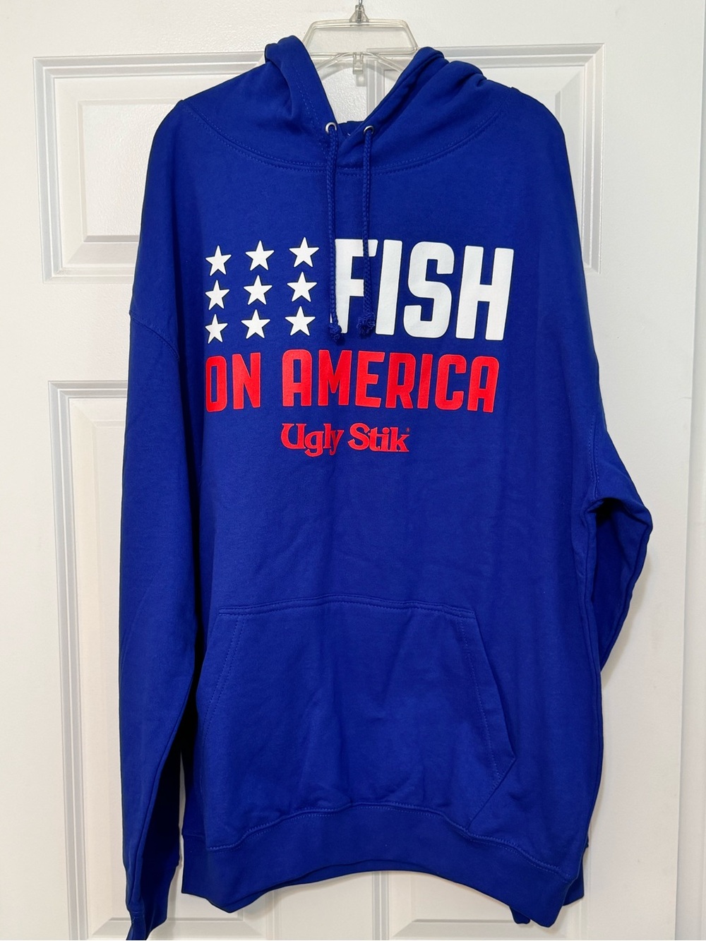 NWT Men’s Ugly Stik Royal Blue Fish on America Screen Print Patriotic Hoodie XL